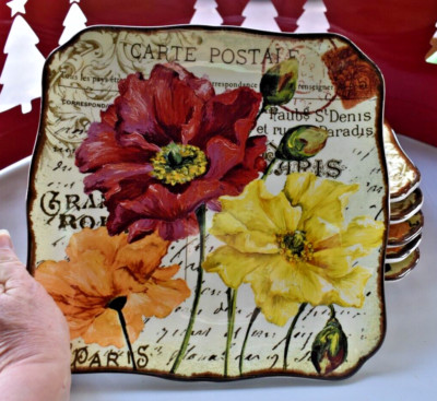 2 ~ Pier 1 Imports LE FLEUR POPPIES Square Dinner Plate 10.5