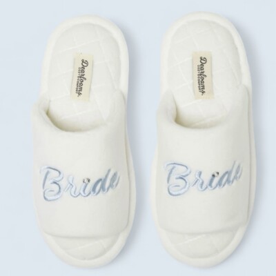 Dearfoams Bridal Slippers Slides White Women's 9-10 Blue Embroidery Shower Gift-image