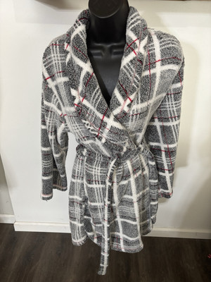 I Appel Womans White Black Red Plaid Robe Comfy & Warm Size M-image