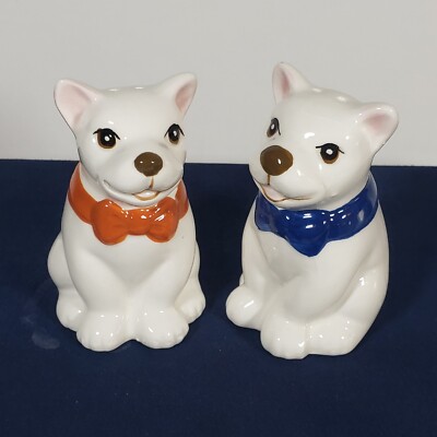 French Bulldog Ceramic Salt and Pepper Shakers w/ Red & Blue Bow Ties-image