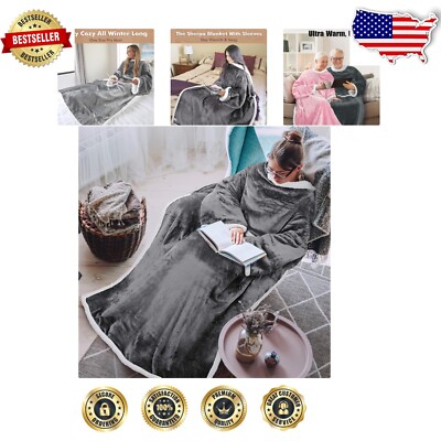 Ultra-Cozy Sherpa Wearable Blanket with Sleeves - Perfect for Snuggling Up-image