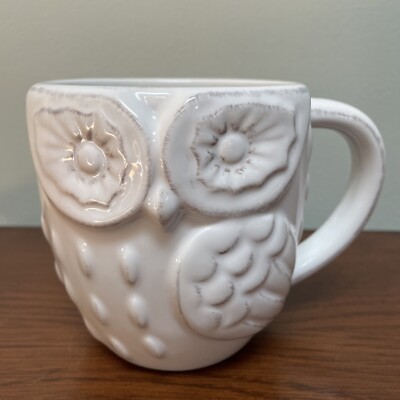 Pier 1 Imports Owl Ceramic White Embossed Design Coffee Tea Mug Boho Farmhouse-image