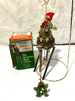 Vtg MCM 1950's HONG KONG Xmas PIXIE ELF  Mistletoe Bell Brass Wind Chimes w Box-image