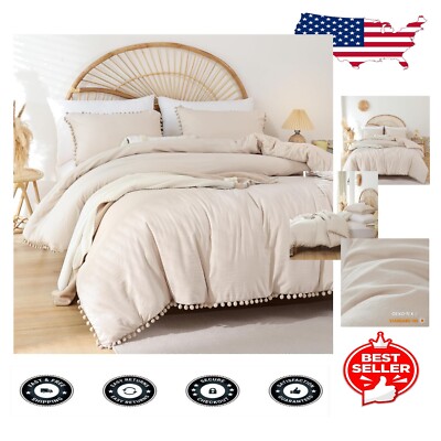 Luxurious Soft Beige Full Comforter Set with Pom Tassels - OEKO-TEX Certified-image