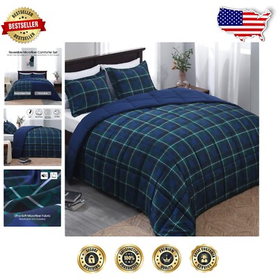 Soft & Stylish King Down Alternative Comforter Set - Navy/Green Plaid Design-image