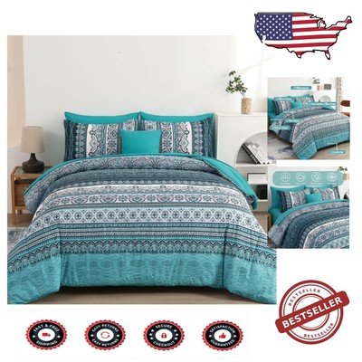 Teal Bohemian Striped Comforter Set - Soft Full Bedding for All Seasons-image