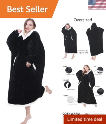 Oversized Sherpa Fleece Hoodie Blanket with Pockets - Unisex Comfort in Black-image