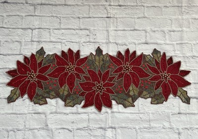 Vintage 90s Pier 1 Beaded Christmas Floral Table Runner Centerpiece 12.5”x36”-image