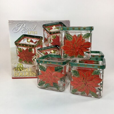 Vintage Royal Imports Set of 4 Poinsettia Style Glass Candle Holders-image