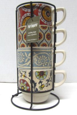 Pier 1 Imports 4 Pc Stackable Mug Set and Stand Multiple Designs-image