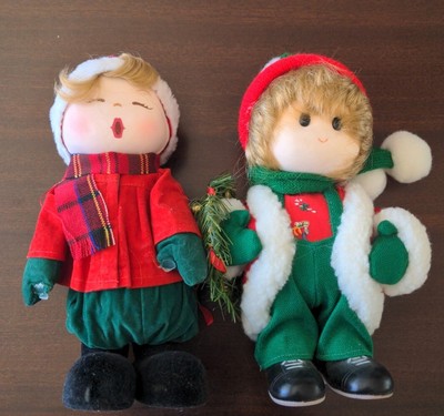 Vintage Terry Village Musical Wind Up Boy And Girl Dolls Christmas-image