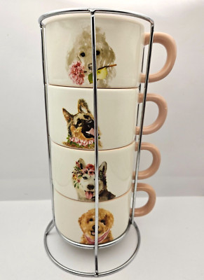 Pier 1 Imports Stacking Set of 4 Dolomite Cups Mugs Blush 8 Oz Dogs Florals Pink-image