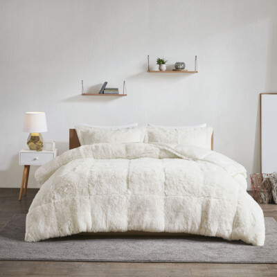 BEAUTIFUL ULTRA SOFT PLUSH CHIC COZY IVORY WHITE FAUX FUR LUXURY COMFORTER SET-image