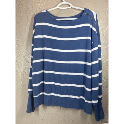 Sonoma Goods For Life Cozy Boatneck Pullover Denim Snow Stripe Sweater Sz Large-image