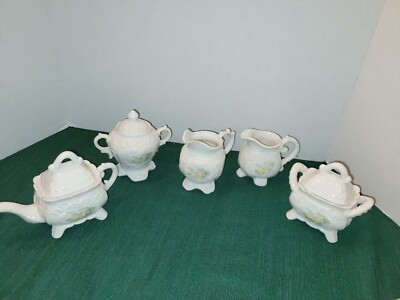 James Alex Imports Creamer, sugar, Teapot 5 piece set with Fruit Design-image