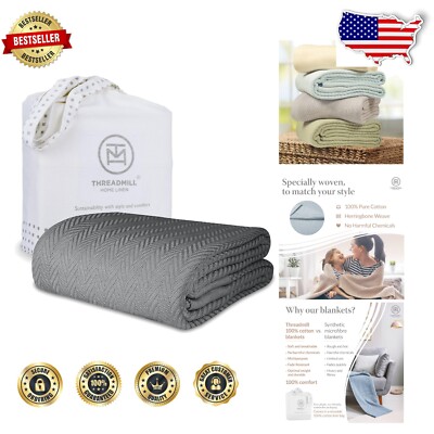 Cozy Dark Grey Herringbone Cotton Blanket for Twin Bed - 100% Soft Comfort 68x92-image