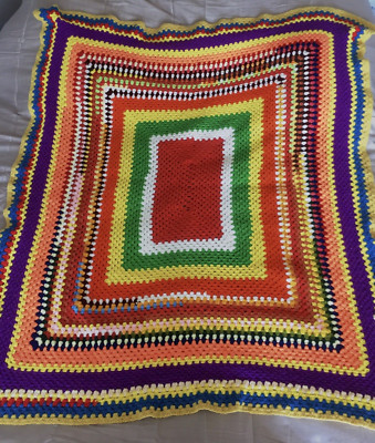 VINTAGE Granny Throw Blanket Colorful Hand Knit 53”x 62”-image