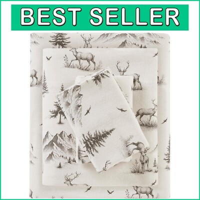 Cozy 100% Cotton Flannel Sheet Set in Gray Deer Toile - Full Size Comfort-image