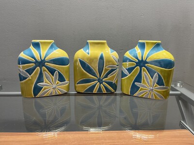 Pier 1 Imports Floral Elegance Vase 6.75” Tall, Teal  Leaf MOD Design Set Of 3-image