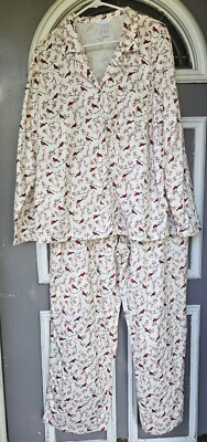 Adonna Womens XXL White, Red Bird Button Up 2 Piece Pockets Sleepwear Soft* (Rg)-image