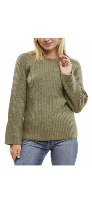 Fever Womens Sweater Green Ribbed Crewneck Long Bell Sleeves Soft Cozy XL |B6-image