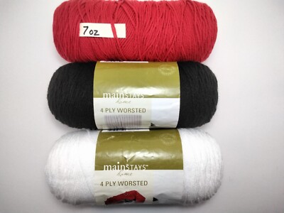 Mainstays 4 PLY WORSTED Yarn, 3-Skeins ( 1-8oz Black /1-8oz White/ 1-7oz Red )-image