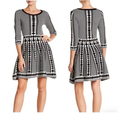 Nina Leonard Women’s Knit Winter Skating Sweater Dress Black Geo Print Size M-image
