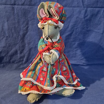 Vintage MUSICAL Christmas LARGE FELT MOUSE Handmade Figurine Wind Up 9 1/2