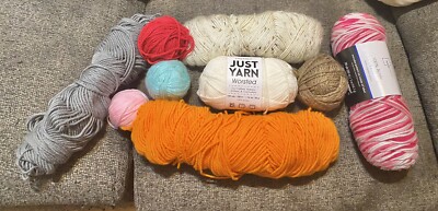 9 Assorted Rolls Of Yarn Lot Orange White Brown Pink Blue Red Gray-image