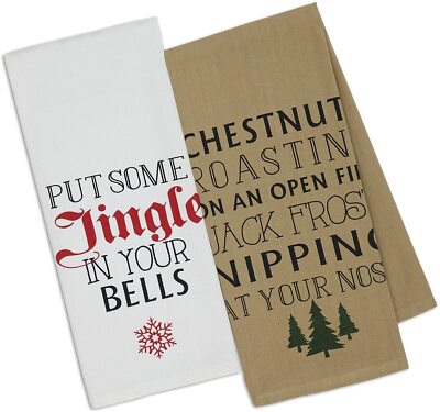 Design Imports DII Kitchen Fireside Holiday Dishtowel Set of 2 Jingle Bells NWT-image