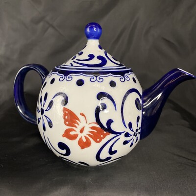 Pier 1 Imports Ceramic Teapot For 2 Red Butterfly Floral Design White And Cobalt-image