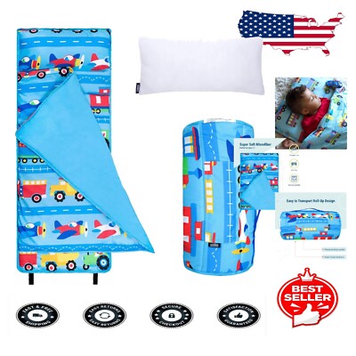 Cozy Microfiber Nap Mat with Reusable Pillow - Trains, Planes, and Trucks Design-image