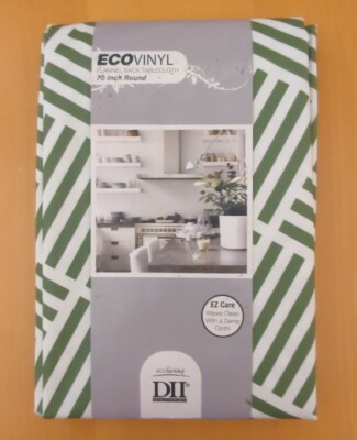 DESIGN IMPORTS FLANNEL BACK TABLECLOTH 70 INCH ROUND ECOVINYL GREEN WHITE-image