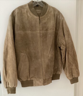 Vintage 80s John Ashford Jacket Mens Medium Tan Suede Bomber Leather Preppy-image