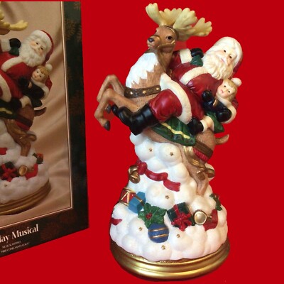 MUSICAL SANTA ON REINDEER FIGURINE HERE COMES SANTA CLAUS VINTAGE 1990'S 11