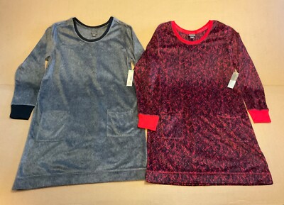 2 Sleepwear Nightgown Plush Soft Cozy Microfleece Fleece Long Shirt Gray & Red M-image