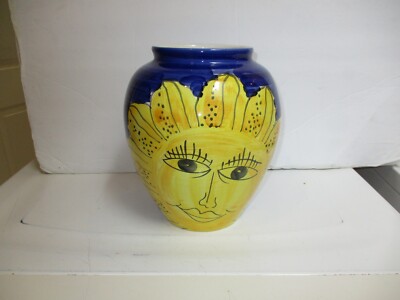 Vintage Pier 1 Ceramic Pitcher Vase Sun Flower  Design Blue & Yellow Italy 11