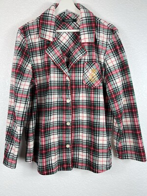 Lauren Ralph Lauren Women Sleepwear Plaid Pajama Top Pocket Logo Fleece Sz L-image