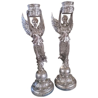Raz Imports French Empire Style Winged Victory Angel Candle Holders Silver-image