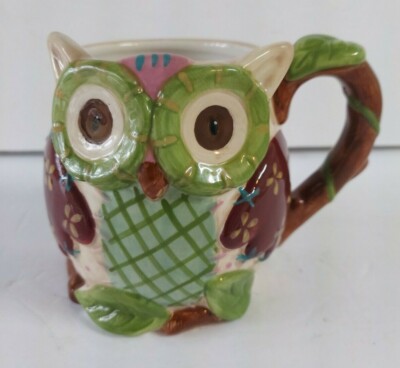 Pier 1 Imports Olli the Owl Coffee Cup Mug Hand Painted Dolomite Unique Kitsch-image