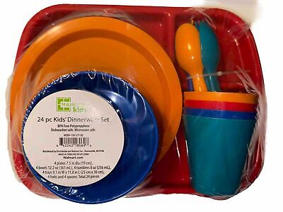 Mainstay Kids BPA-Free Plastic Dinnerware 24-Pc Set - Teal, Blue, Orange, Red-image