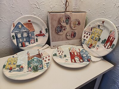 Pier 1 Ironstone Christmas Village Scenes w/Snowman 8.75” Salad Plates, Set of 4-image