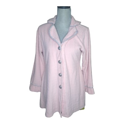 Marilyn Club Sleep Shirt Button Up Cotton Blend Fleece Stripe Pink Women Sz 2-image