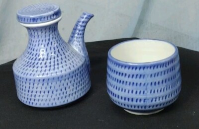 Vintage Pier 1 Imports Sake Pitcher and Cup Cobalt Blue Set-image