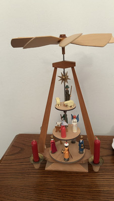 VTG 3 Tier Wooden German Christmas Windmill Pyramid Nativity Scene W/Star Wood-image