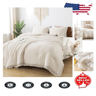 Beige California King Comforter - Lightweight Boho Tassel Bedding Set 104x96-image