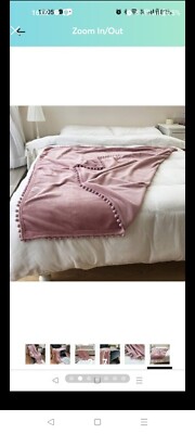 Flannel Blanket with Pompom Fringe Lightweight Cozy Bed Blanket Soft Throw...-image