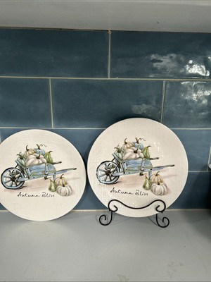 Pier 1 Autumn Bliss Salad Plates Earthenware Pumpkin Squash Wheel. 8.5” Set of 2-image