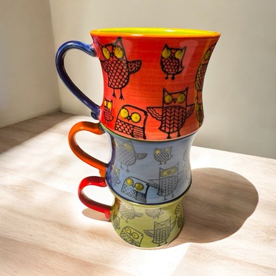 **ARTSY OWLS** Pier 1 Imports** Set Of 3 Stoneware Hand Painted Mugs Owl Print-image