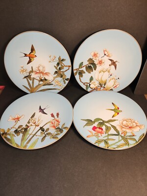 Set Of 4 Pier One Chinoiserie Salad, Dessert Plates, Flowers and Birds-image